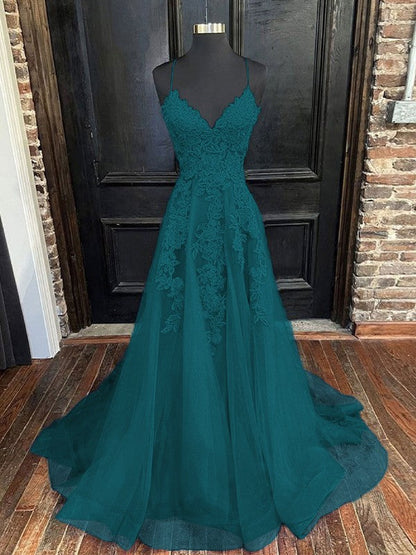 A-Line/Princess Tulle Applique V-neck Sleeveless Sweep/Brush Train Bridesmaid Dresses