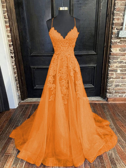 A-Line/Princess Tulle Applique V-neck Sleeveless Sweep/Brush Train Bridesmaid Dresses