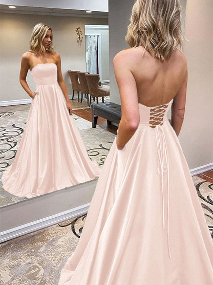 A-Line/Princess Satin Ruffles Strapless Sleeveless Sweep/Brush Train Prom Dress