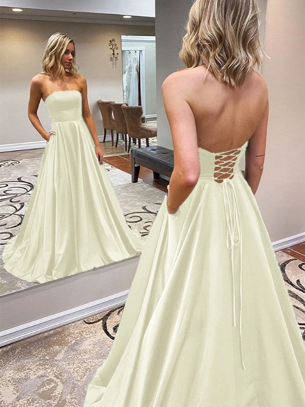 A-Line/Princess Satin Ruffles Strapless Sleeveless Sweep/Brush Train Prom Dress