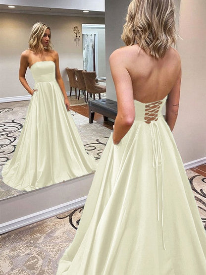 A-Line/Princess Satin Ruffles Strapless Sleeveless Sweep/Brush Train Prom Dress