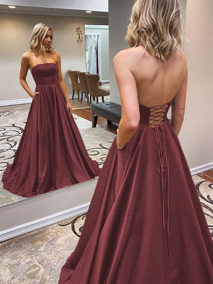 A-Line/Princess Satin Ruffles Strapless Sleeveless Sweep/Brush Train Prom Dress