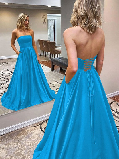 A-Line/Princess Satin Ruffles Strapless Sleeveless Sweep/Brush Train Prom Dress