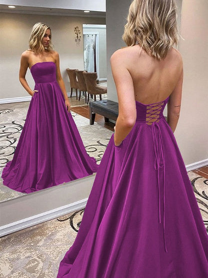 A-Line/Princess Satin Ruffles Strapless Sleeveless Sweep/Brush Train Prom Dress