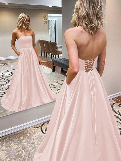 A-Line/Princess Satin Ruffles Strapless Sleeveless Sweep/Brush Train Prom Dress