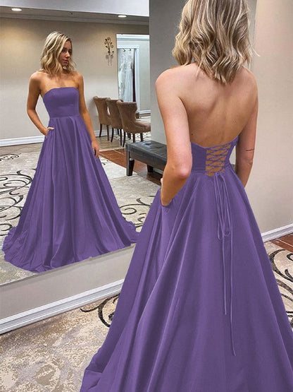 A-Line/Princess Satin Ruffles Strapless Sleeveless Sweep/Brush Train Prom Dress
