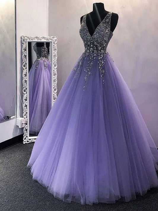 A-Line/Princess Tulle Beading V-neck Sleeveless Floor-Length Prom Dress