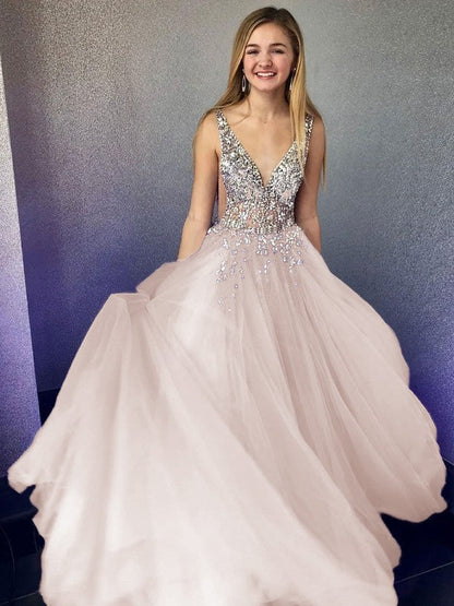 A-Line/Princess Tulle Beading V-neck Sleeveless Floor-Length Prom Dress
