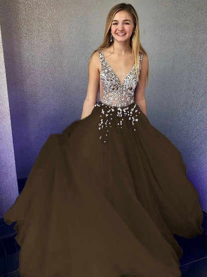 A-Line/Princess Tulle Beading V-neck Sleeveless Floor-Length Prom Dress