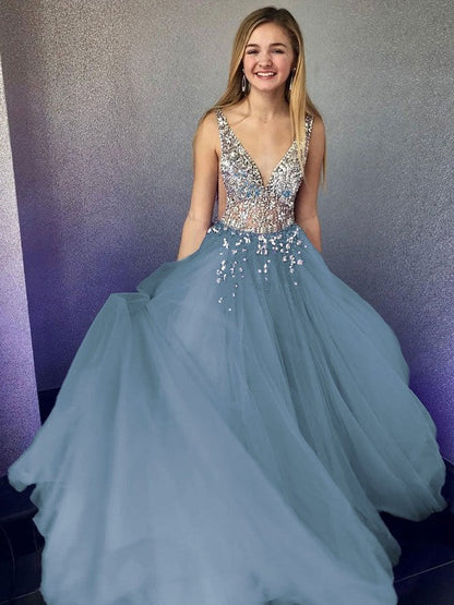 A-Line/Princess Tulle Beading V-neck Sleeveless Floor-Length Prom Dress