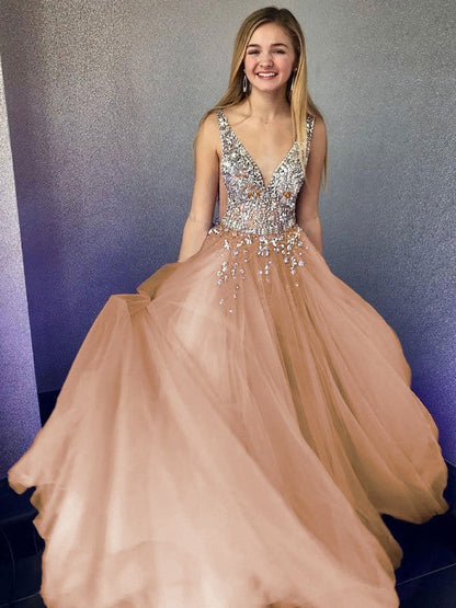 A-Line/Princess Tulle Beading V-neck Sleeveless Floor-Length Prom Dress