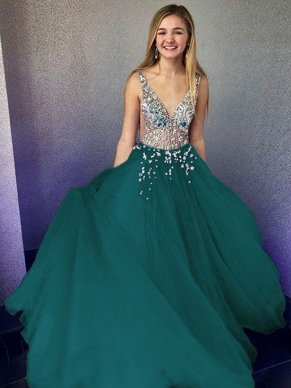 A-Line/Princess Tulle Beading V-neck Sleeveless Floor-Length Prom Dress