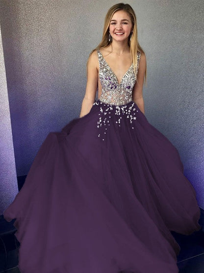 A-Line/Princess Tulle Beading V-neck Sleeveless Floor-Length Prom Dress