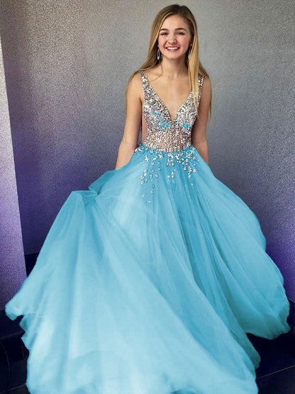 A-Line/Princess Tulle Beading V-neck Sleeveless Floor-Length Prom Dress