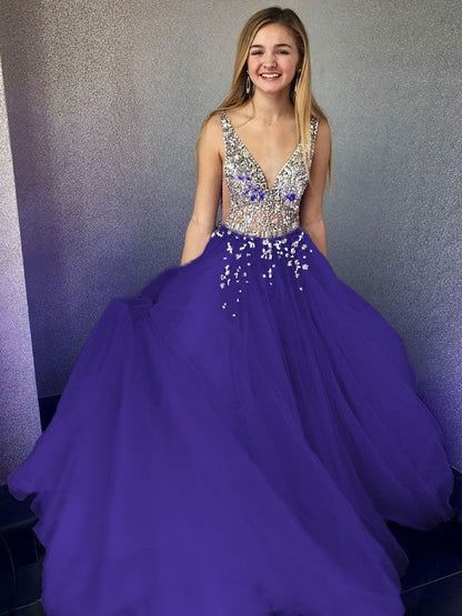 A-Line/Princess Tulle Beading V-neck Sleeveless Floor-Length Prom Dress