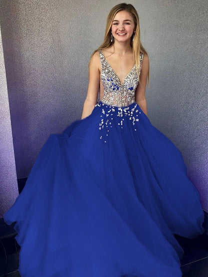 A-Line/Princess Tulle Beading V-neck Sleeveless Floor-Length Prom Dress