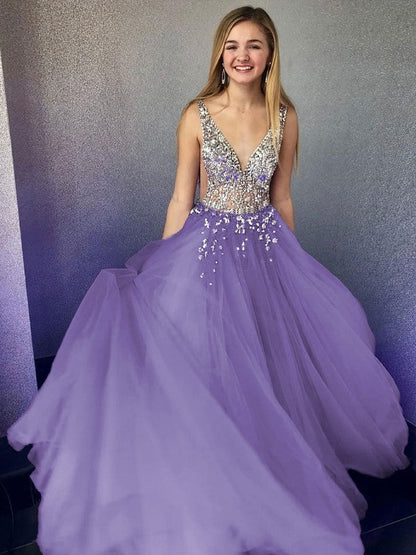 A-Line/Princess Tulle Beading V-neck Sleeveless Floor-Length Prom Dress