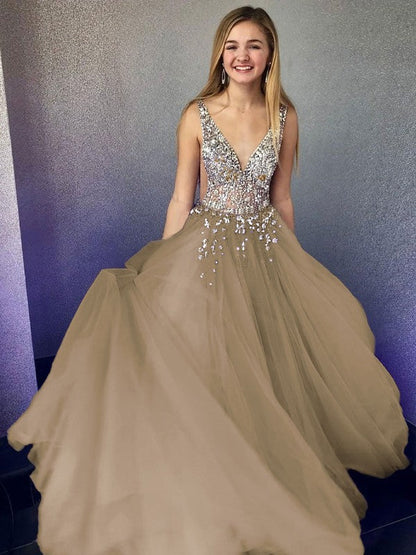 A-Line/Princess Tulle Beading V-neck Sleeveless Floor-Length Prom Dress