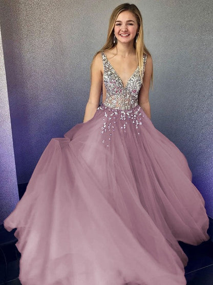 A-Line/Princess Tulle Beading V-neck Sleeveless Floor-Length Prom Dress