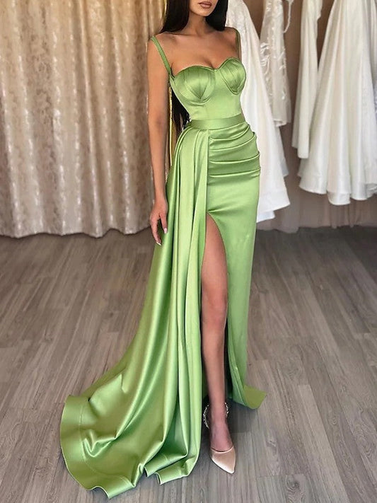 Sheath/Column Elastic Woven Satin Ruched Sweetheart Sleeveless Sweep/Brush Train Prom Dress