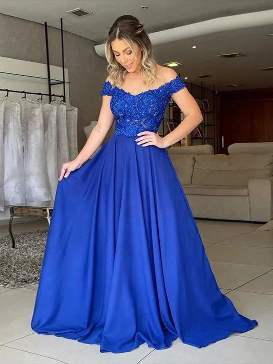A-Line/Princess Elastic Woven Satin Applique Off-the-Shoulder Sleeveless Sweep/Brush Train Prom Dress