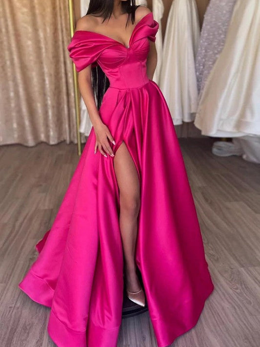 A-Line/Princess Satin Ruched Off-the-Shoulder Sleeveless Sweep/Brush Train Prom Dress