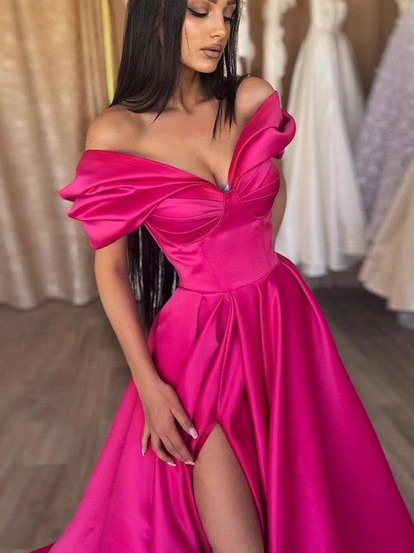A-Line/Princess Satin Ruched Off-the-Shoulder Sleeveless Sweep/Brush Train Prom Dress