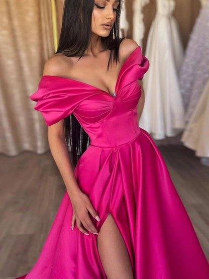 A-Line/Princess Satin Ruched Off-the-Shoulder Sleeveless Sweep/Brush Train Prom Dress