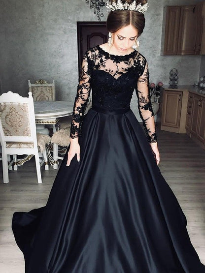A-Line/Princess Satin Lace Bateau Long Sleeves Sweep/Brush Train Prom Dress