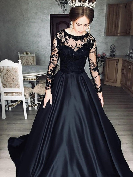 A-Line/Princess Satin Lace Bateau Long Sleeves Sweep/Brush Train Prom Dress