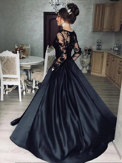 A-Line/Princess Satin Lace Bateau Long Sleeves Sweep/Brush Train Prom Dress