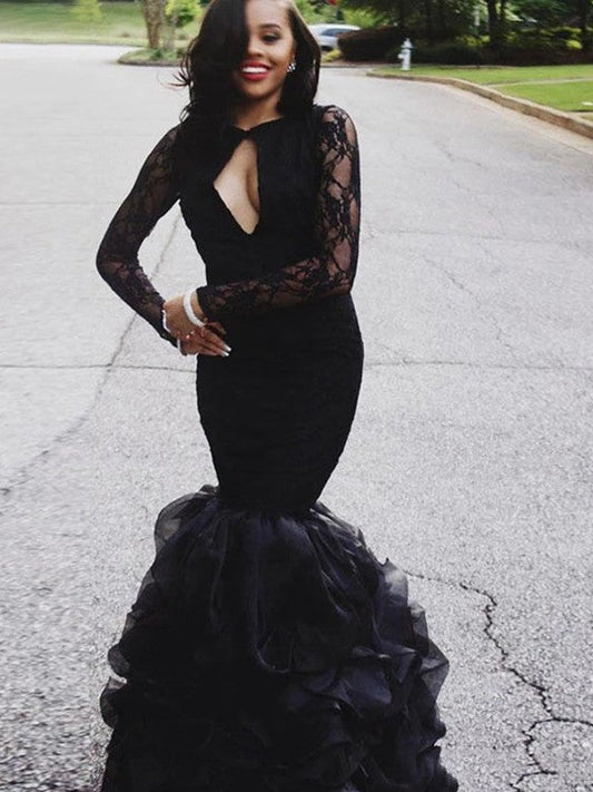 Trumpet/Mermaid Lace Layers Jewel Long Sleeves Floor-Length Prom Dress