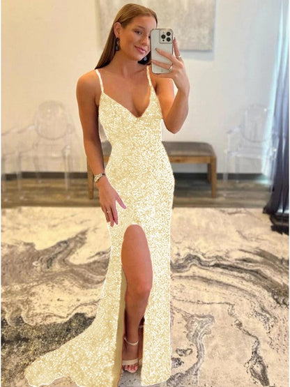 Sheath/Column Velvet Sequins V-neck Sleeveless Sweep/Brush Train Prom Dress