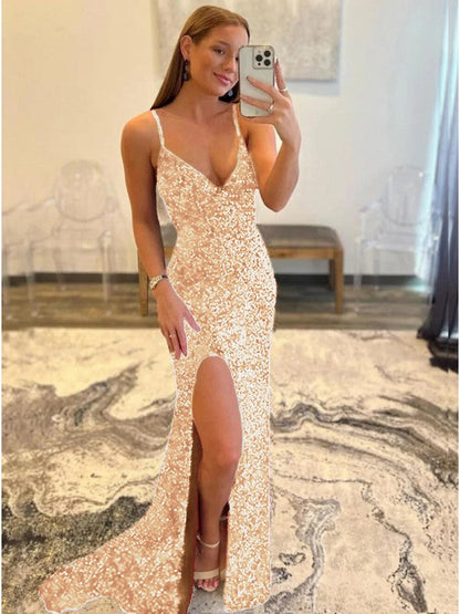 Sheath/Column Velvet Sequins V-neck Sleeveless Sweep/Brush Train Prom Dress