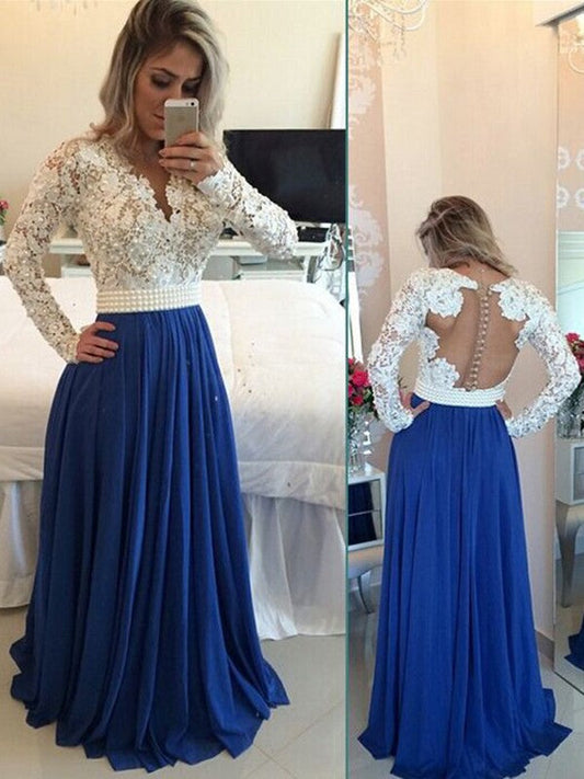 A-Line Chiffon V-neck Long Sleeves Floor-Length With Pearls Prom Dress