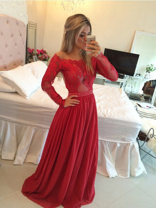 A-Line Chiffon Off-the-Shoulder Long Sleeves Sweep/Brush Train With Applique Prom Dress