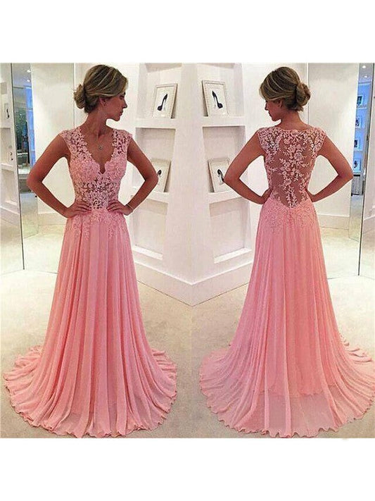 A-Line Chiffon V-neck Sleeveless Sweep/Brush Train With Lace Prom Dress