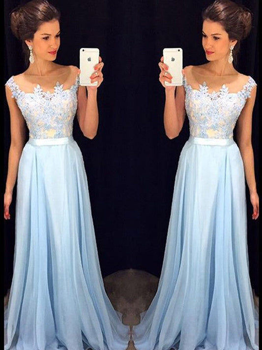 A-Line Chiffon Sheer Neck Sleeveless Floor-Length Train With Applique Prom Dress