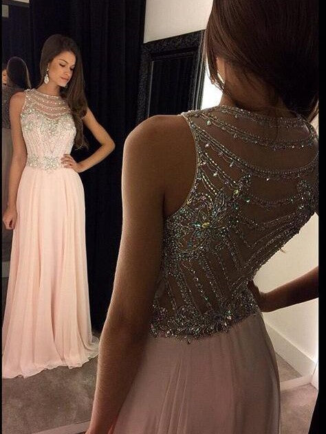 A-Line Chiffon Scoop Sleeveless Floor-Length With Crystal Prom Dress