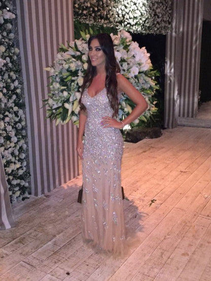 Mermaid Tulle V-neck Sleeveless Sweep/Brush Train With Crystal Prom Dress