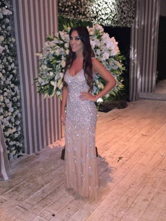 Mermaid Tulle V-neck Sleeveless Sweep/Brush Train With Crystal Prom Dress