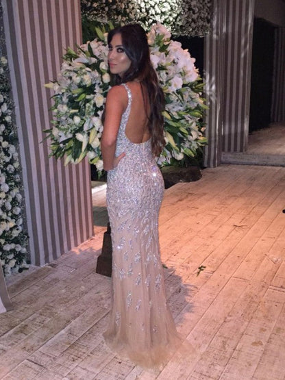 Mermaid Tulle V-neck Sleeveless Sweep/Brush Train With Crystal Prom Dress