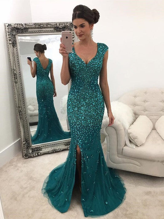 A-Line V-Neck Sleeveless Sweep/Brush Train With Sequin Tulle Prom Dress