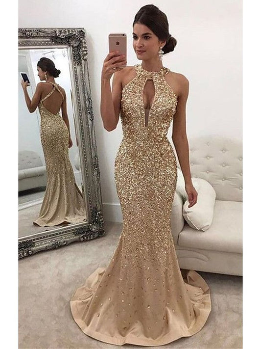 Mermaid Sleeveless Halter With Sequin Sweep/Brush Train Satin Prom Dress