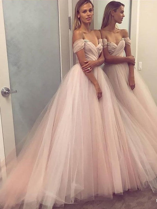 A-Line Sleeveless Off-the-Shoulder Tulle With Beading Sweep/Brush Train Prom Dress
