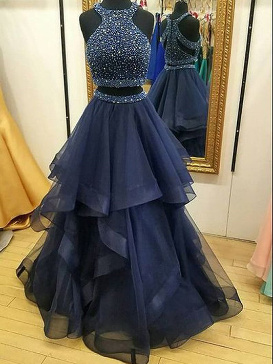 A-Line Sleeveless Halter Tulle With Beading Floor-Length Two Piece Prom Dress