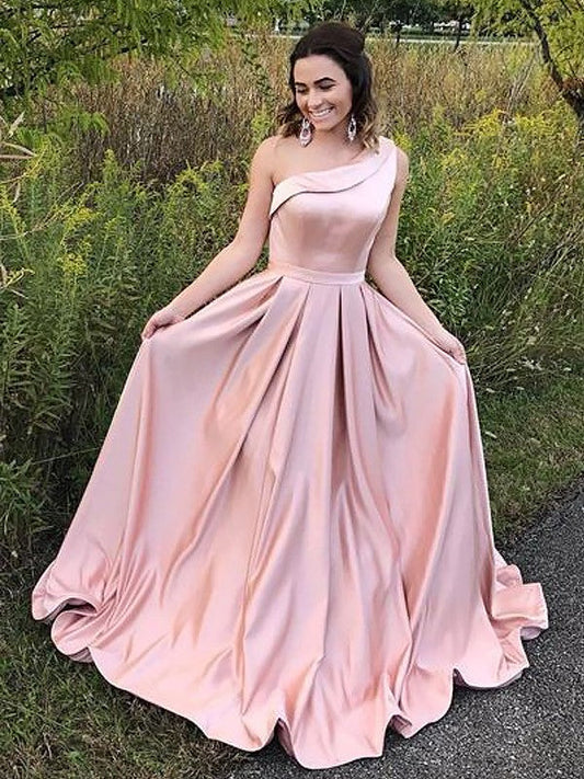 A-Line One-Shoulder Sleeveless Sweep/Brush Train With Ruffles Satin Prom Dress
