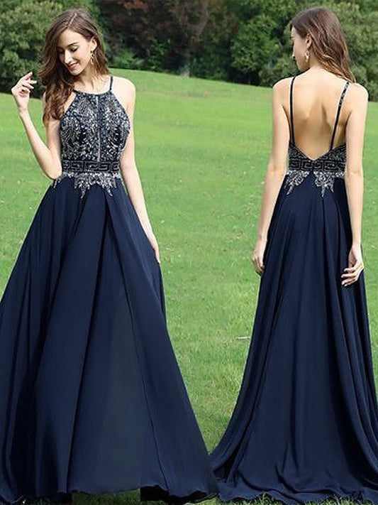 A-Line Sleeveless Halter Chiffon With Beading Sweep/Brush Train Prom Dress