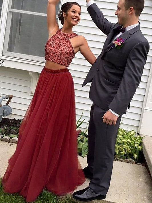 A-Line Sleeveless Halter Tulle With Beading Floor-Length Two Piece Prom Dress
