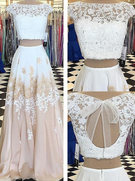 A-Line Sleeveless Bateau Chiffon With Lace Floor-Length Two Piece Prom Dress